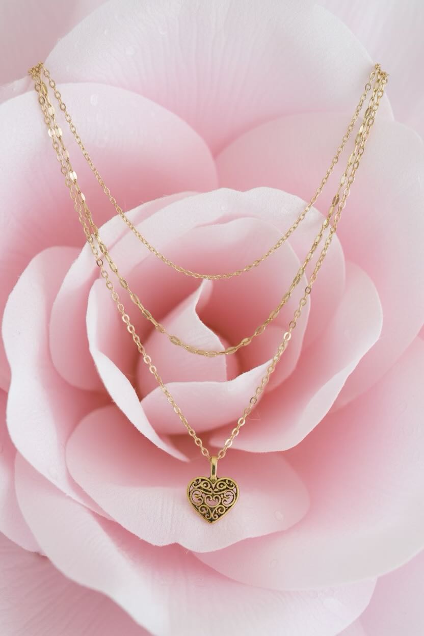 Gold heart-shaped necklace set on a pink rose