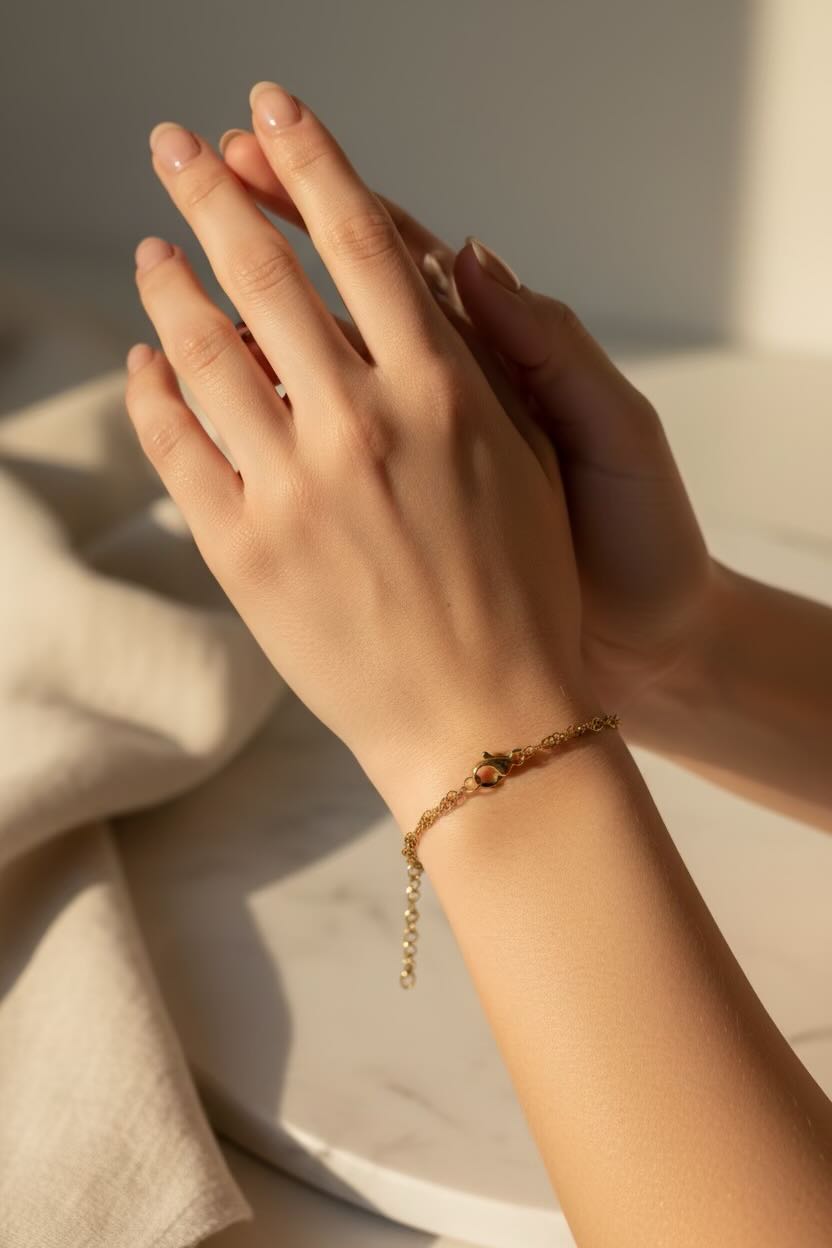 Close-up of a hand wearing a gold bracelet with a soft background