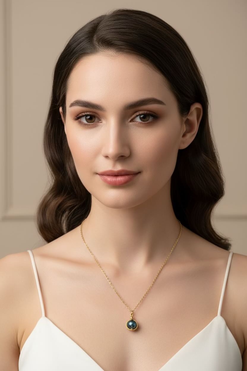 A woman with dark brown hair wearing a delicate gold necklace with a round steel blue pearl, styled with a white spaghetti-strap top against a soft beige background.