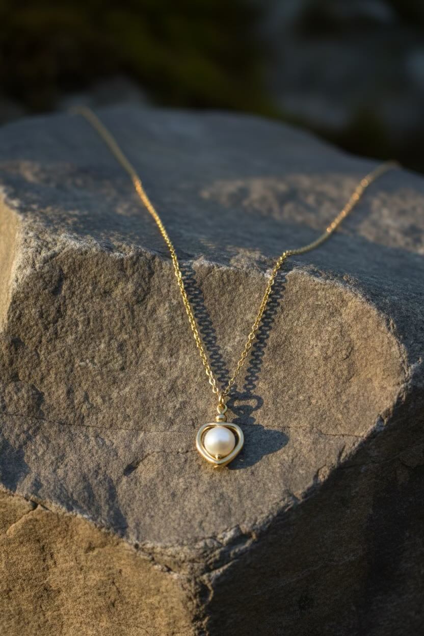 A delicate gold chain necklace with a heart-shaped pendant featuring a white pearl, displayed on a textured gray rock with a blurred natural background.