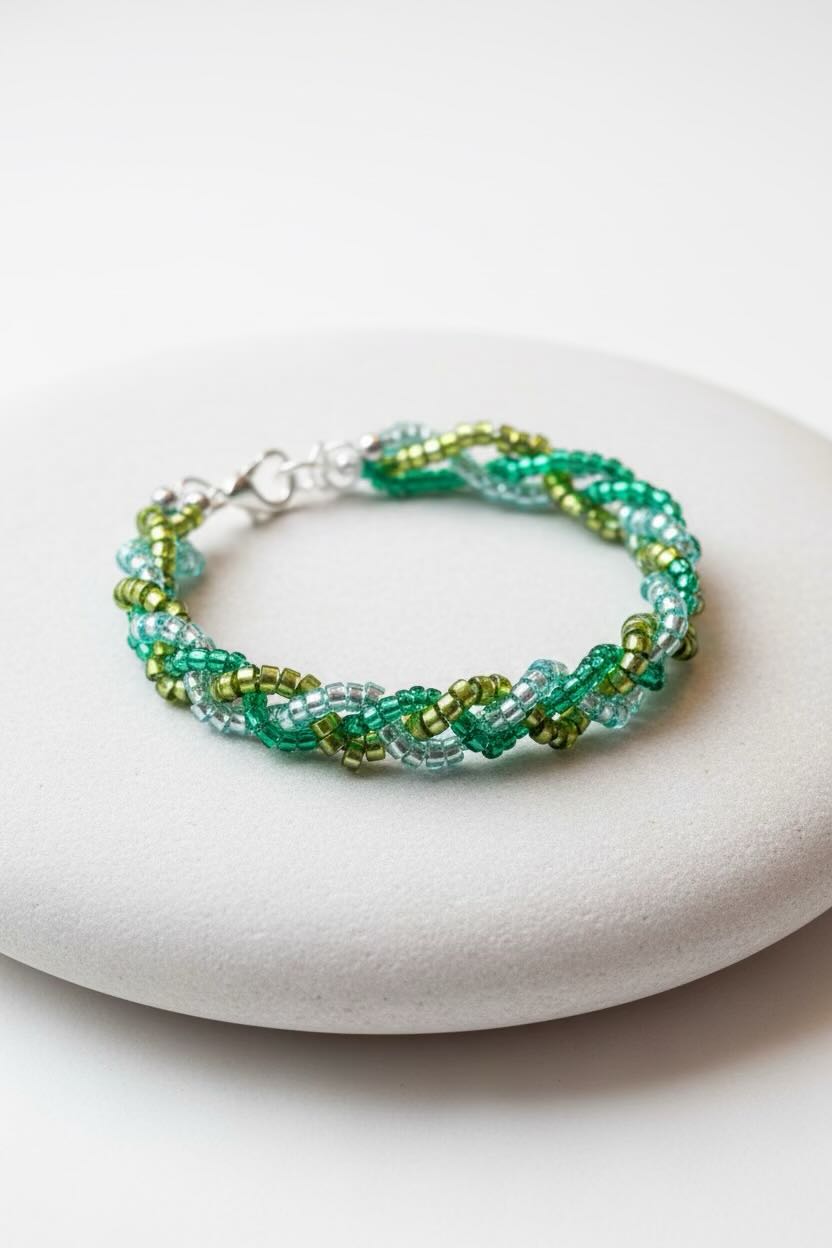 Beaded bracelet with green tones on a white stone surface