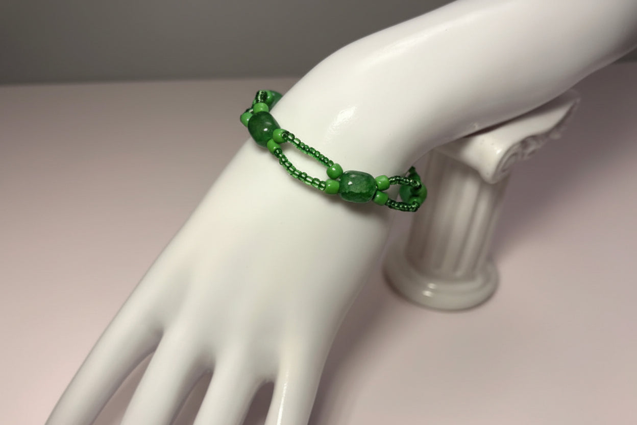 Handmade elasticated double strand bracelet in green stone by Majestic Gems by Sarah