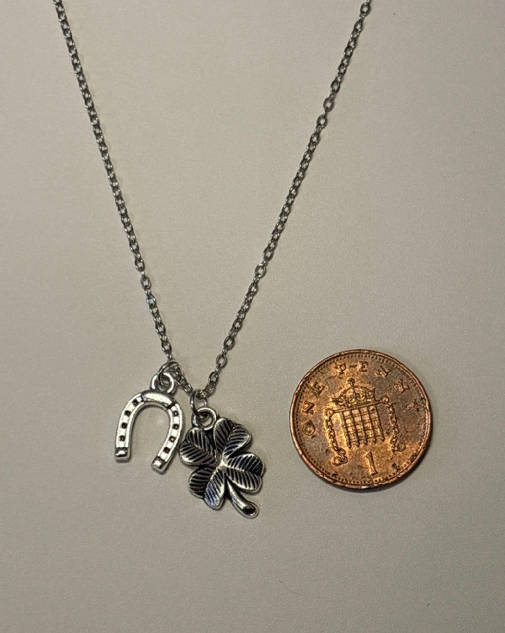 Sterling Silver Lucky Charm Necklace with Four Leaf Clover and Horseshoe Pendants
