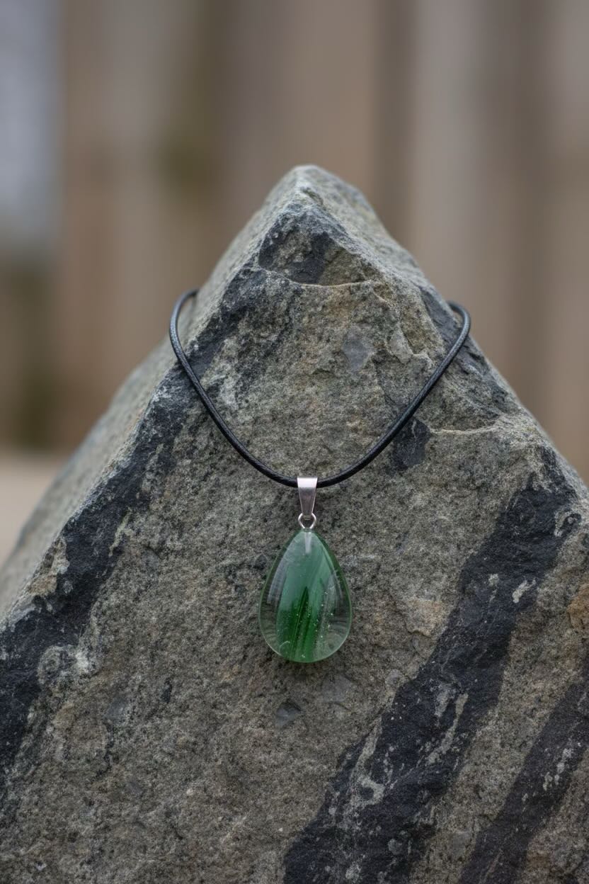 A green teardrop-shaped pendant necklace with a silver bail and black cord, displayed on a textured gray rock with a blurred natural background.