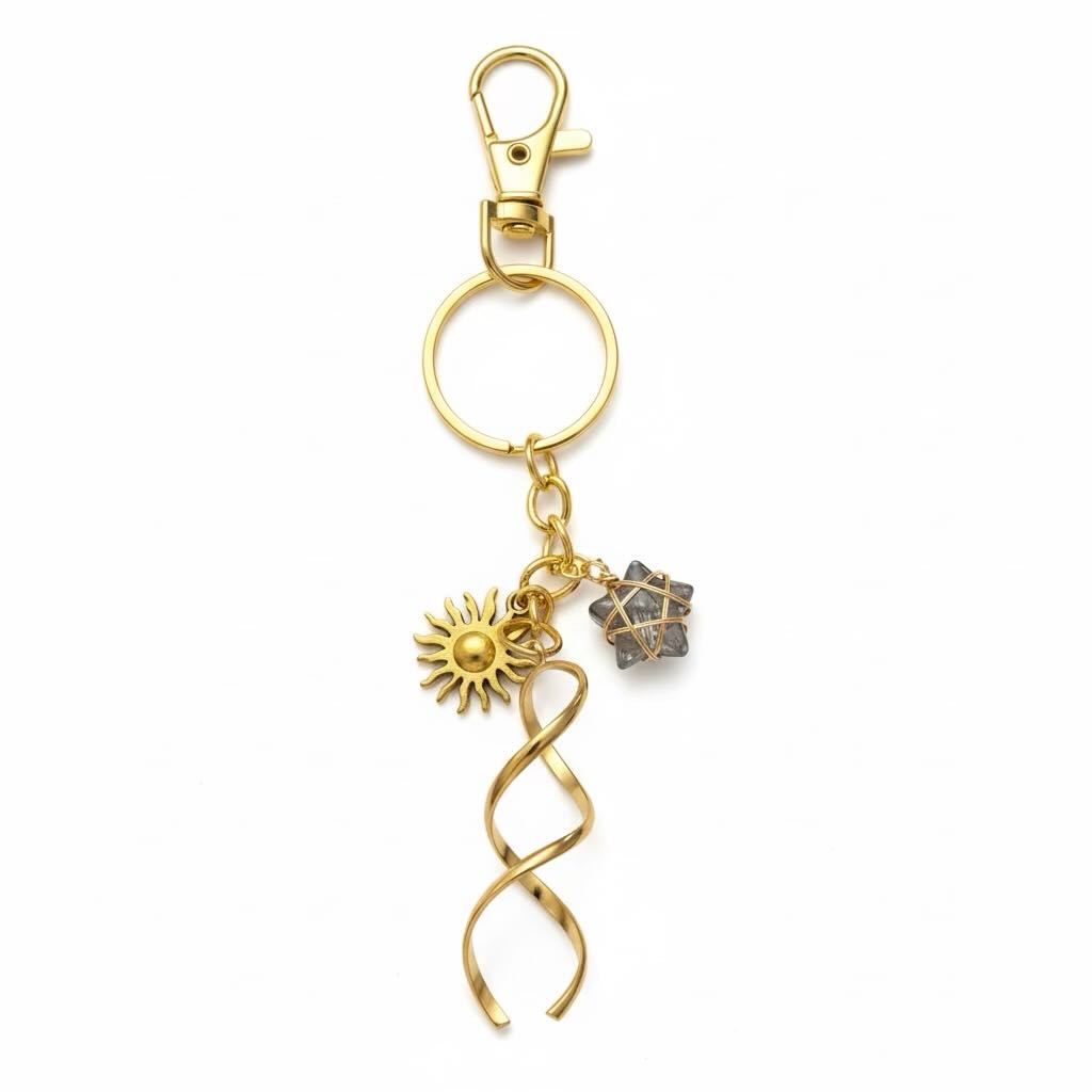 A gold-toned metal keyring featuring a lobster clasp, a split key ring, a sunburst charm, a twisted spiral charm, and a small gray stone flower charm, shown on a plain white background.