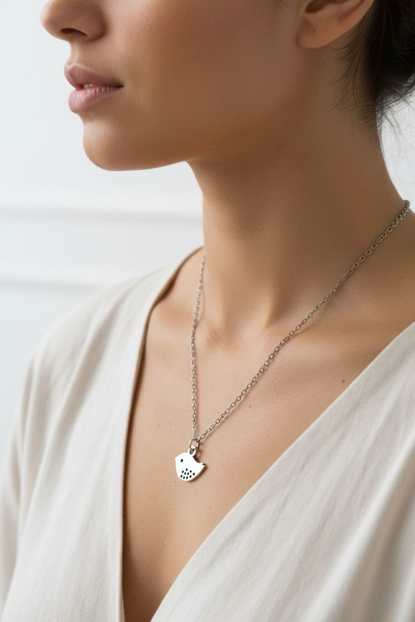 Necklace with a bird-shaped pendant worn by a person in a white top.