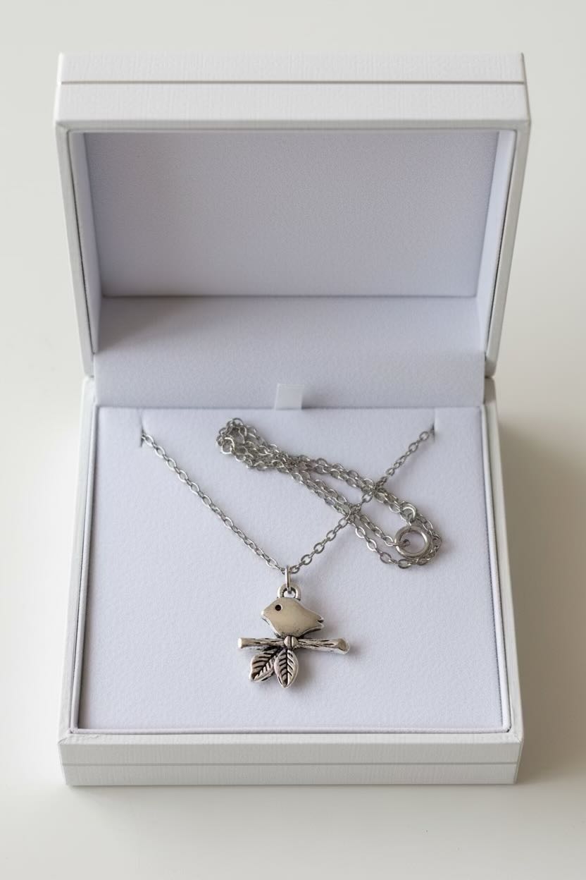 Silver necklace with a pendant in an open white jewelry box on a light gray background