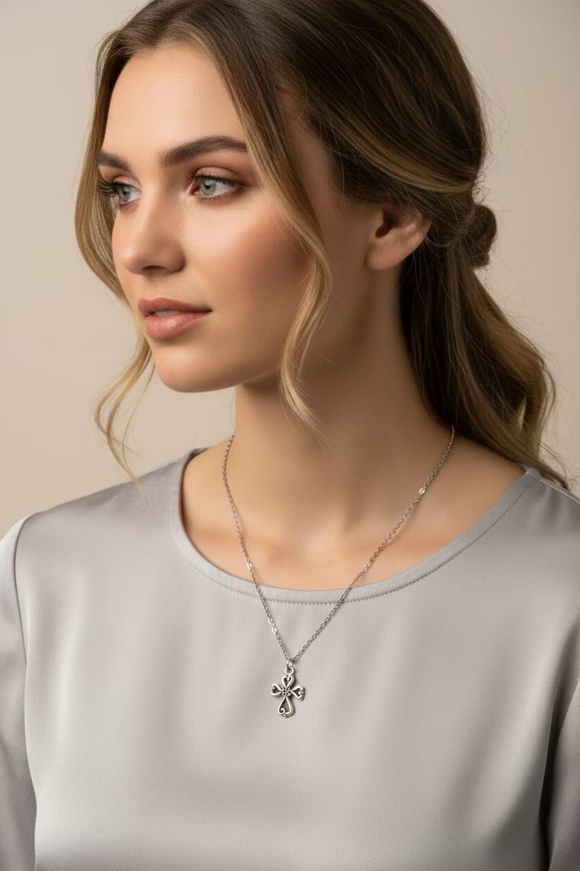Woman wearing a silver necklace with a cross pendant against a neutral background