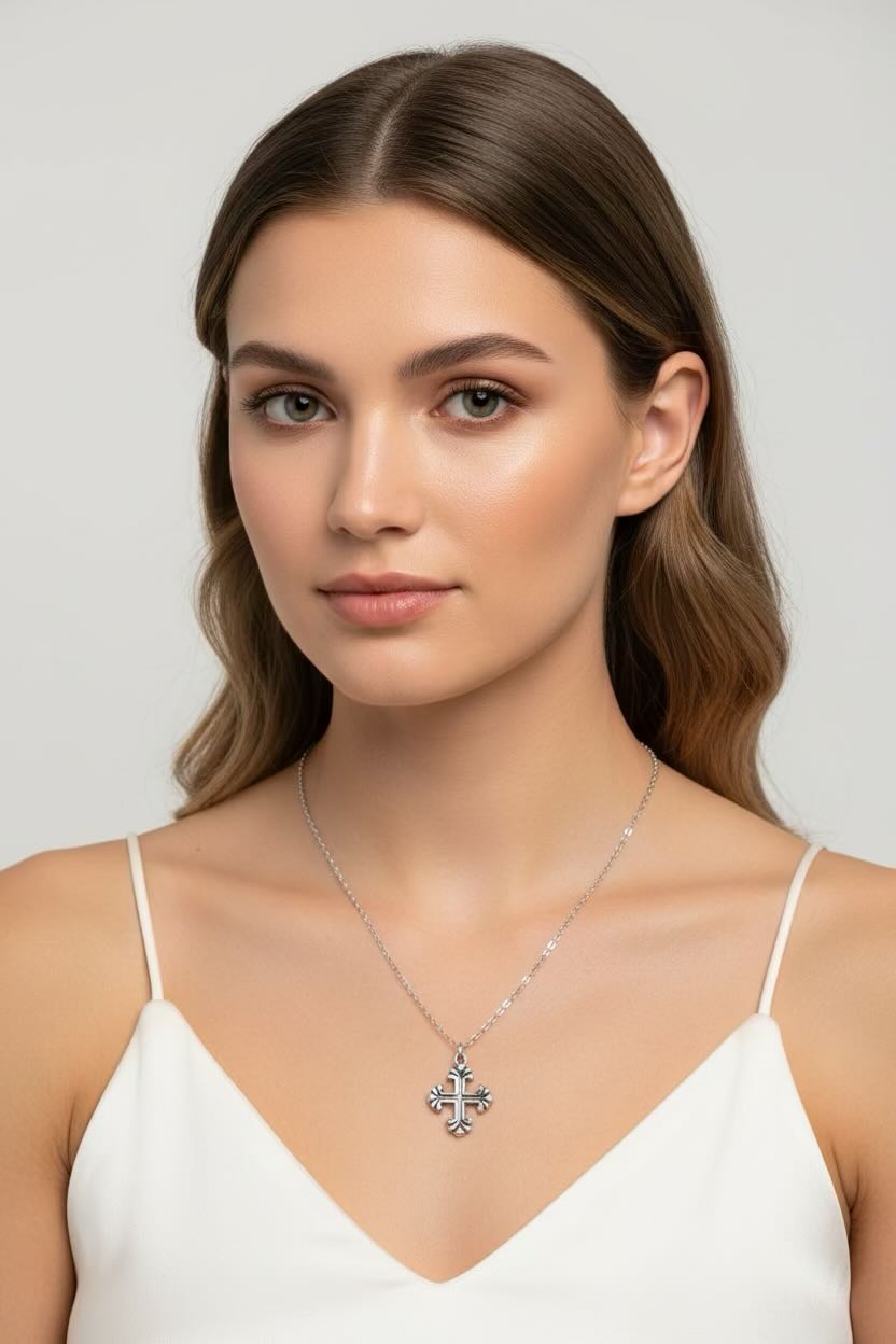 Silver necklace with a cross pendant worn by a person in a white outfit.