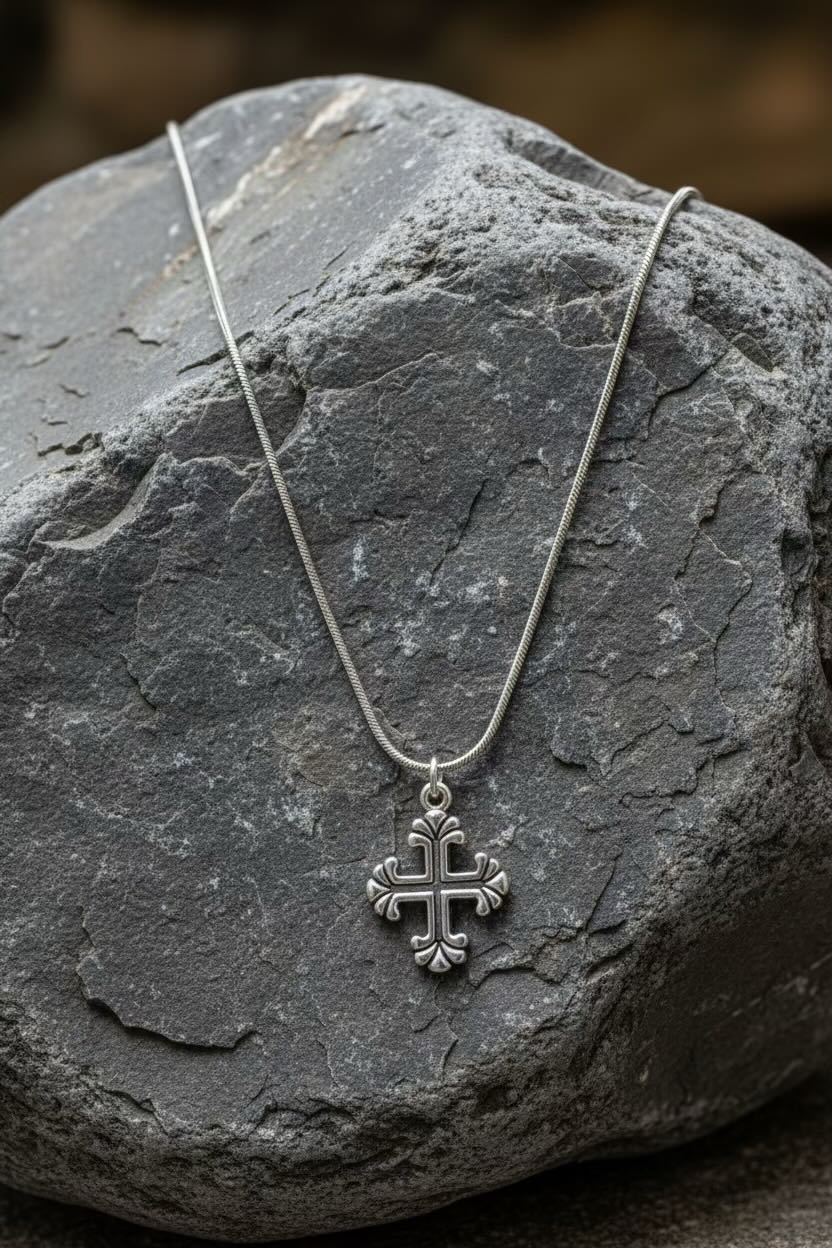 Silver necklace with a cross pendant on a stone surface