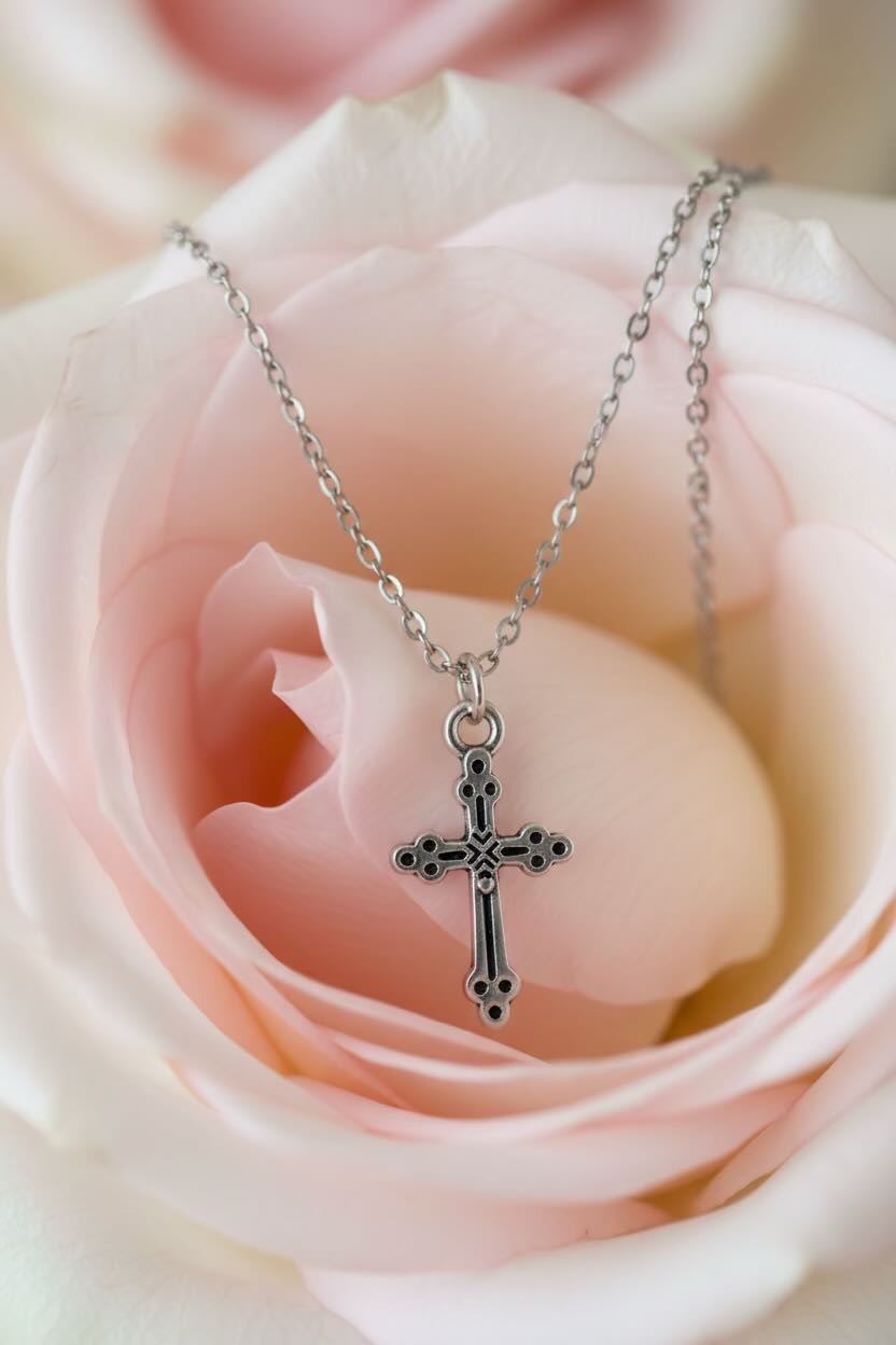 Silver cross necklace on a pink rose