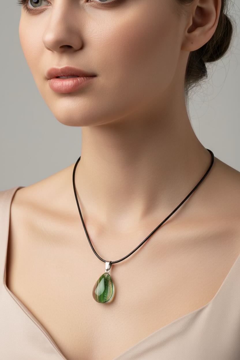 A close-up of a woman wearing a black cord necklace with a teardrop-shaped green teardrop pendant, shown against a soft gray background.