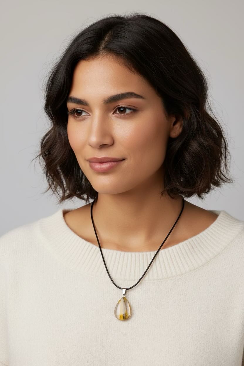 A woman with short dark wavy hair wearing a black cord necklace with a teardrop-shaped orange and black pendant, paired with a cream-colored knit sweater, set against a plain light gray background.