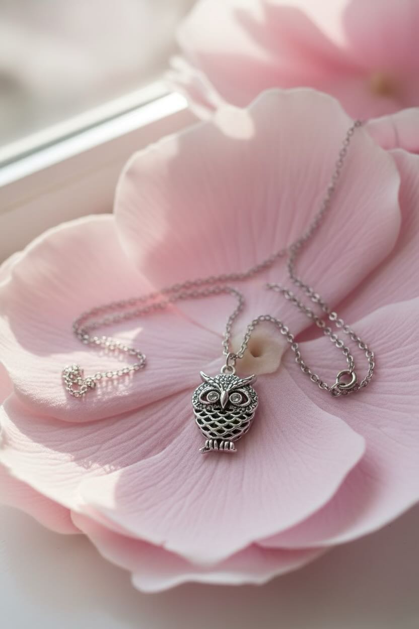 Silver owl necklace on a pink flower
