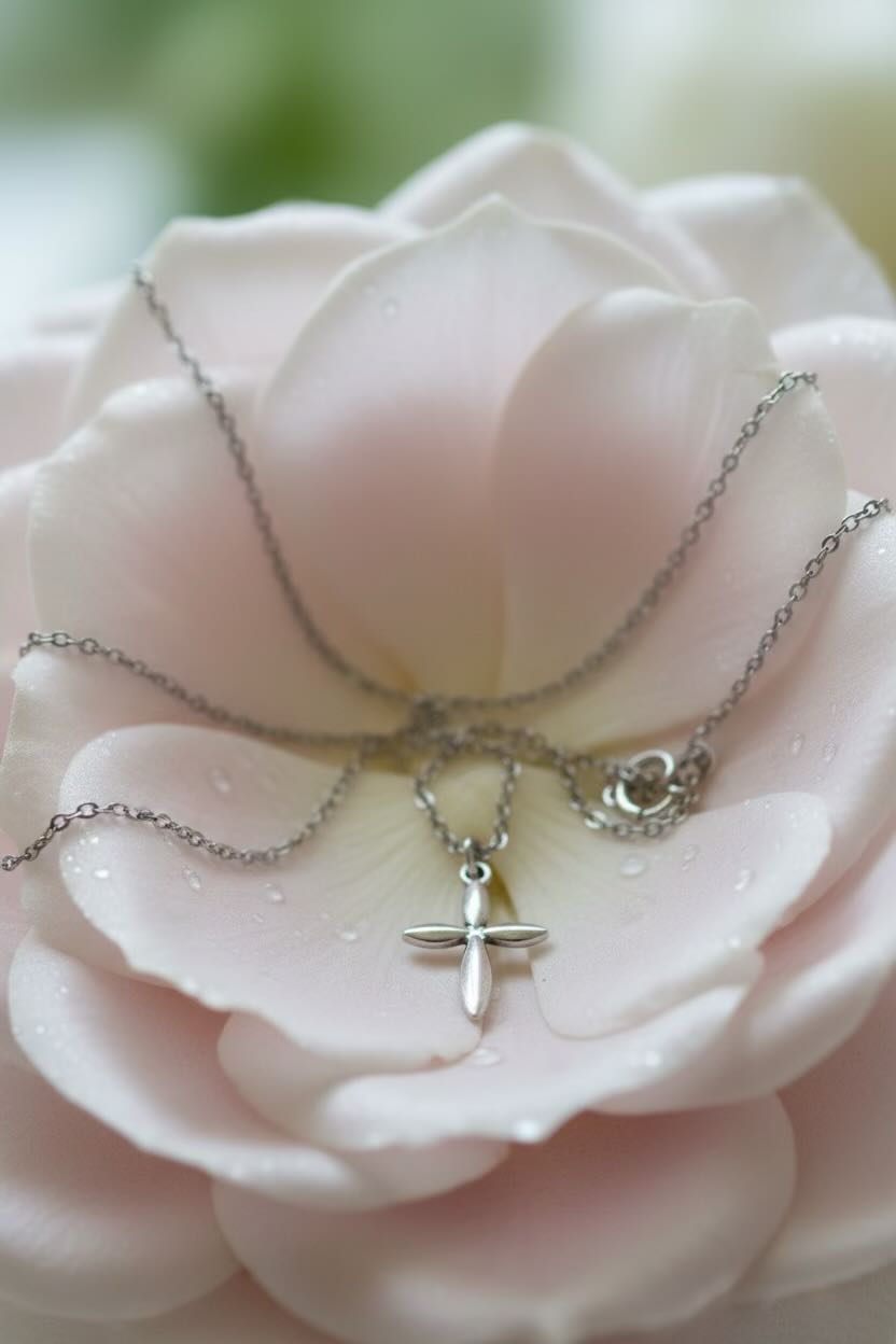 Silver necklace with a cross pendant on a pink flower