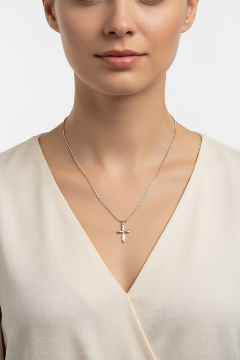 Silver necklace with a cross pendant worn by a person in a white outfit.
