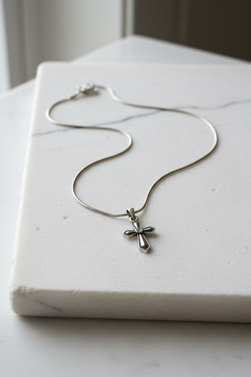 Silver necklace with a cross pendant on a marble surface