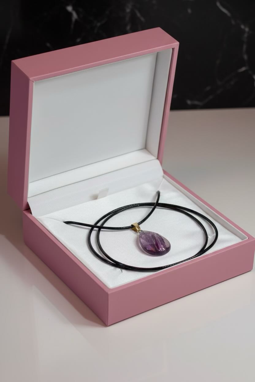 A purple teardrop-shaped amethyst pendant necklace on a black cord, presented inside an open pink jewelry box with a white interior.