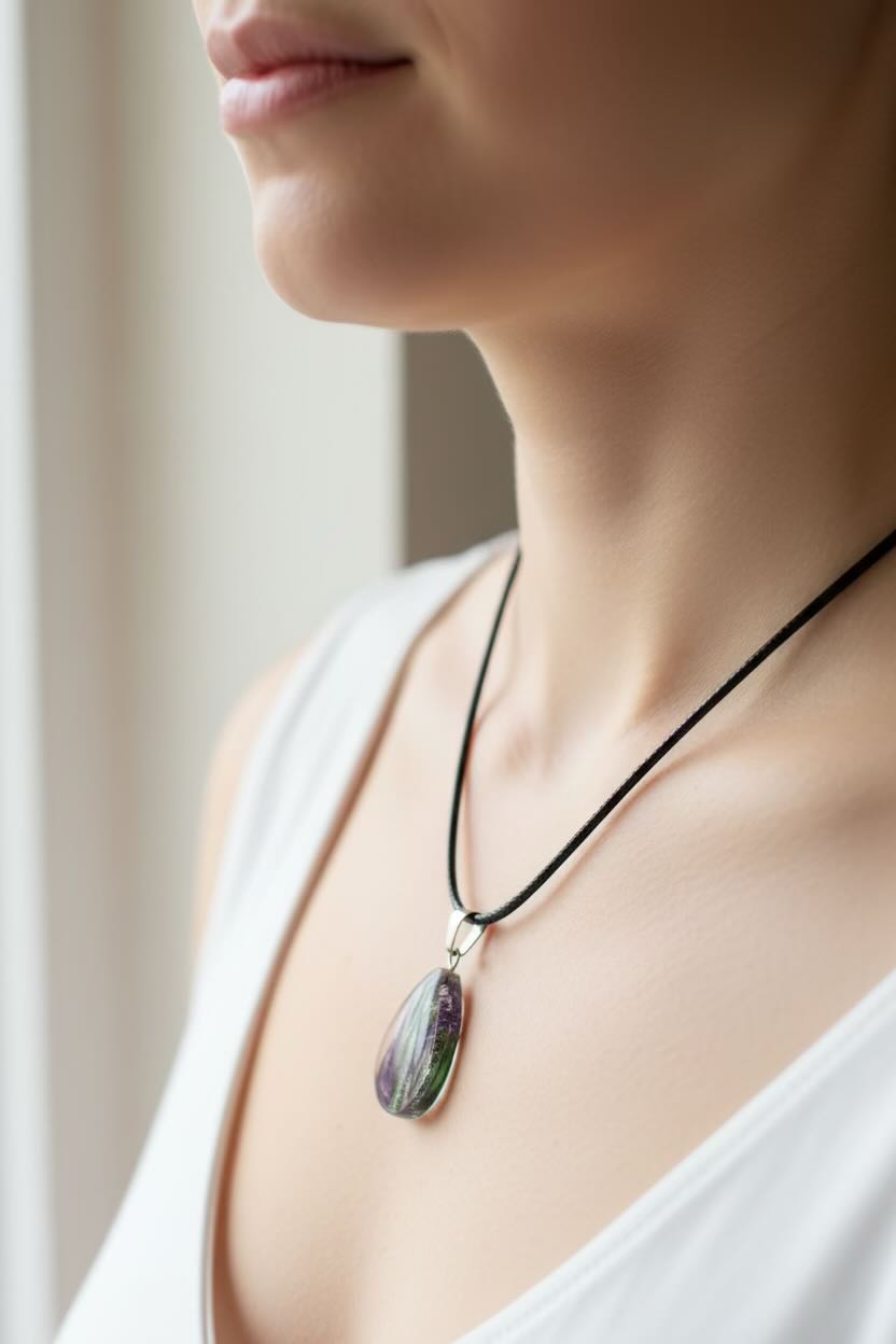 A close-up lifestyle shot of a woman wearing a teardrop-shaped iridescent pendant necklace on a black cord. The pendant displays a mix of purple, green, and clear colors, suspended from a silver-colored metal ring.