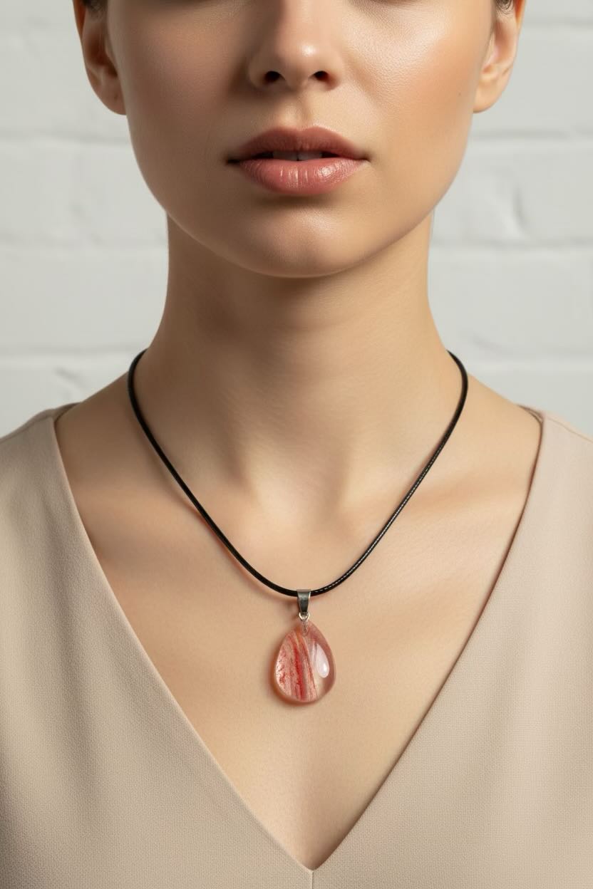 A close-up of a woman wearing a black cord necklace with a teardrop-shaped red and yellow teardrop pendant, paired with a beige V-neck top against a light brick wall.