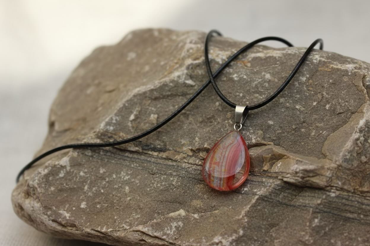 A teardrop-shaped pendant necklace made from a polished red and yellow banded stone, suspended from a black cord with a silver-toned metal connector, displayed on a textured gray stone surface.