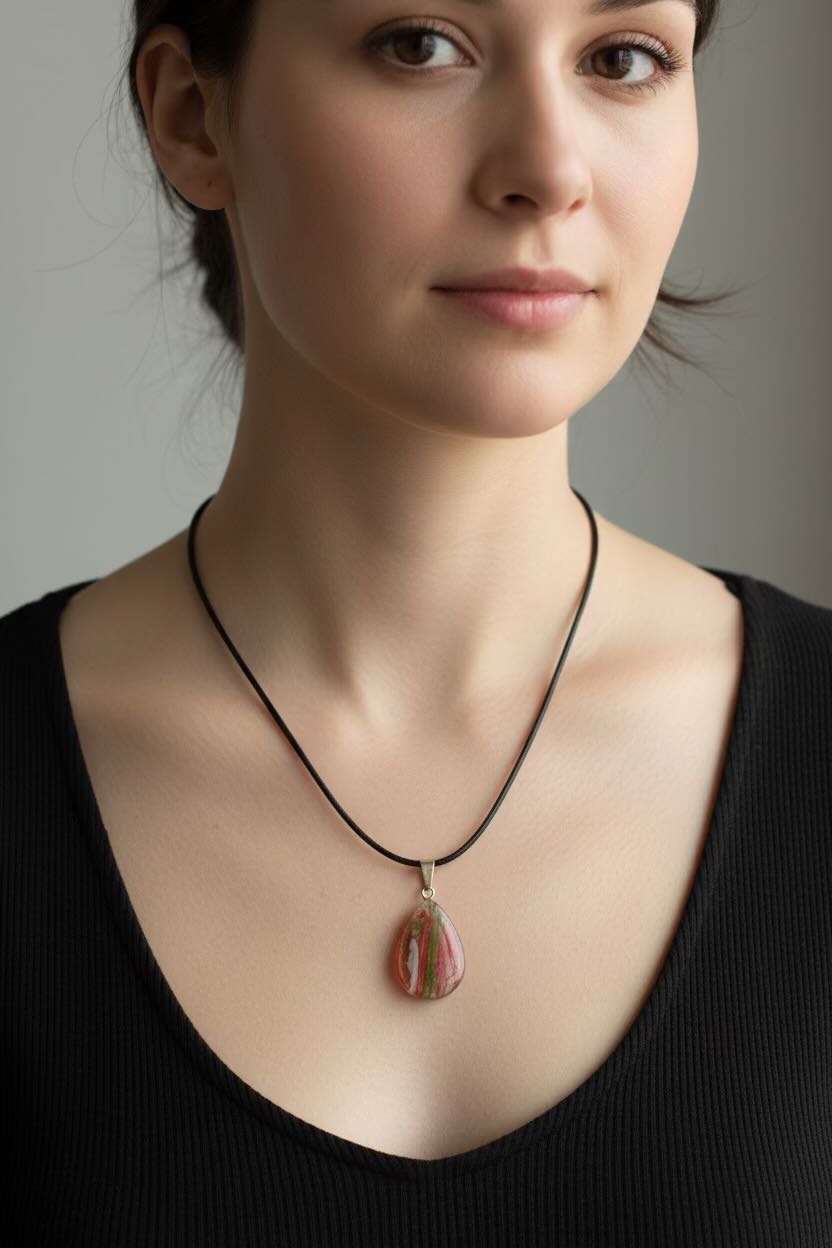 A close-up of a woman wearing a black cord necklace with a teardrop-shaped pendant featuring a red and green marbled pattern.