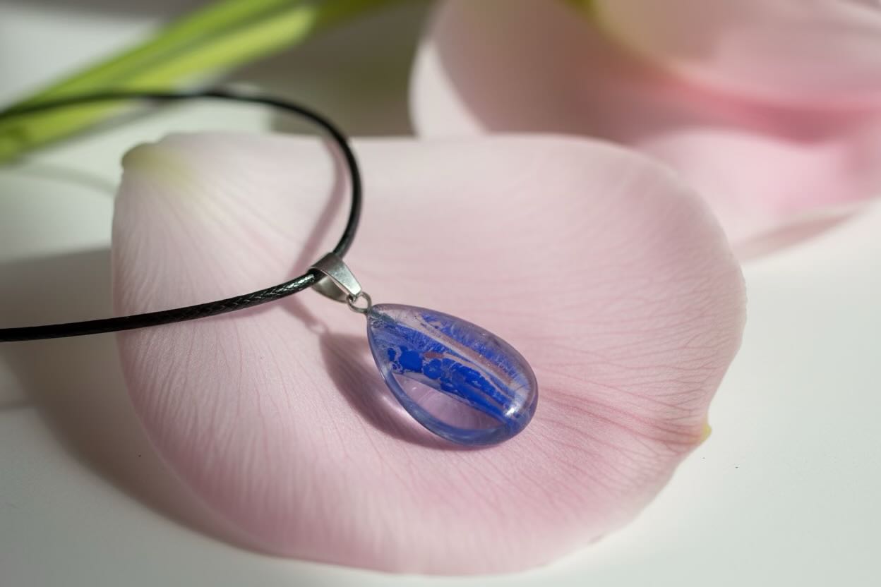 A blue teardrop-shaped pendant necklace with a black cord, resting on a soft pink flower petal.