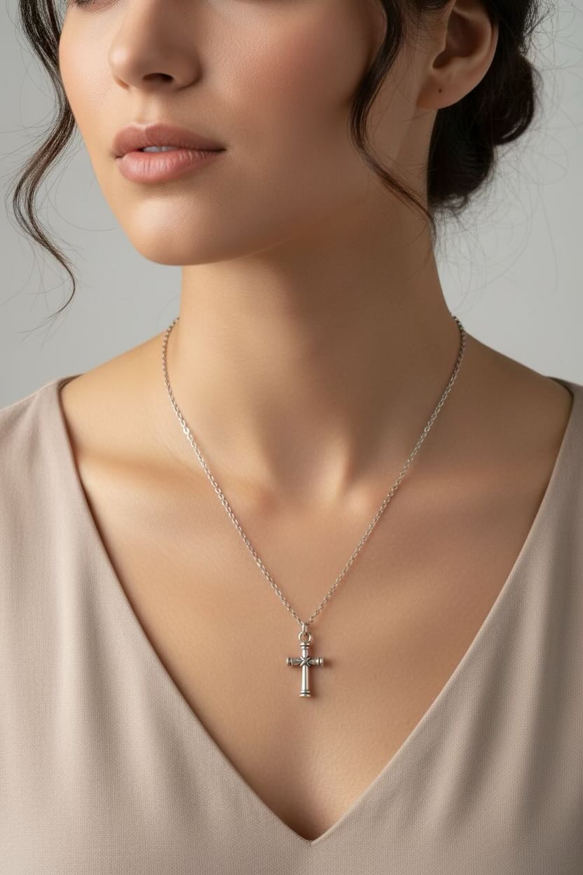Woman wearing a necklace with a cross pendant against a neutral background