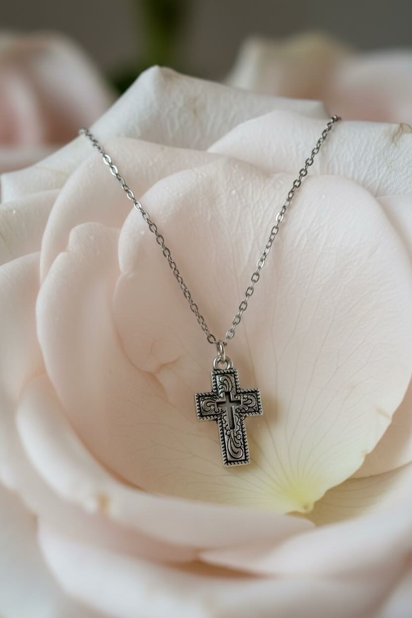 Silver cross necklace on a white rose petal