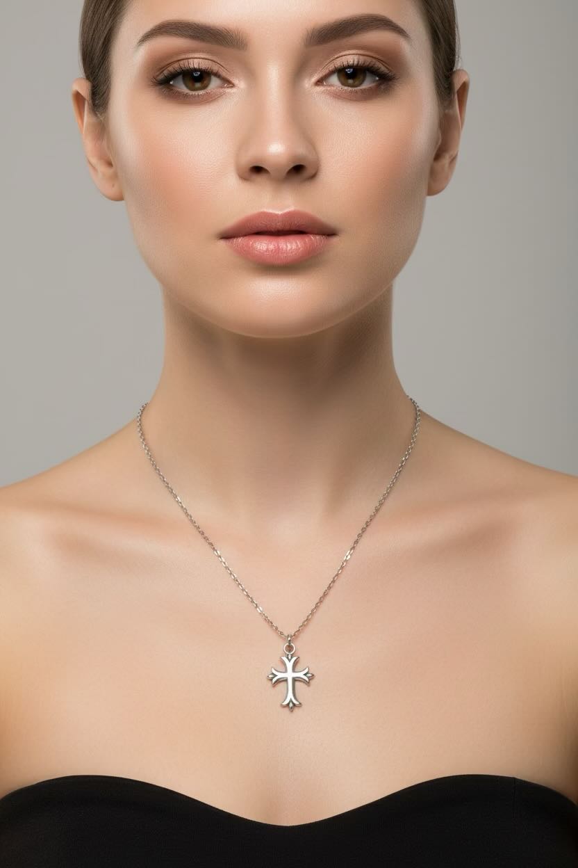 Woman wearing a silver necklace with a cross pendant against a neutral background