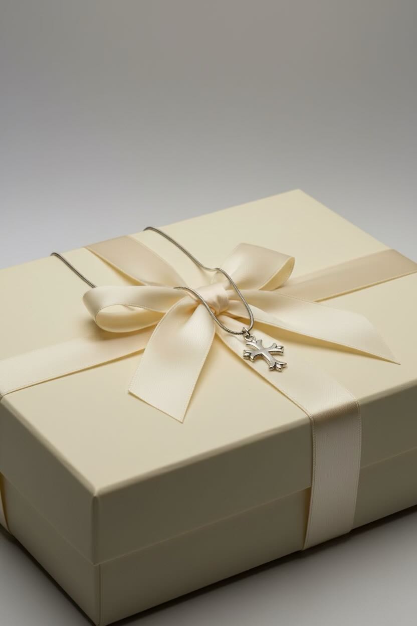 Silver necklace with a cross pendant on a beige gift box