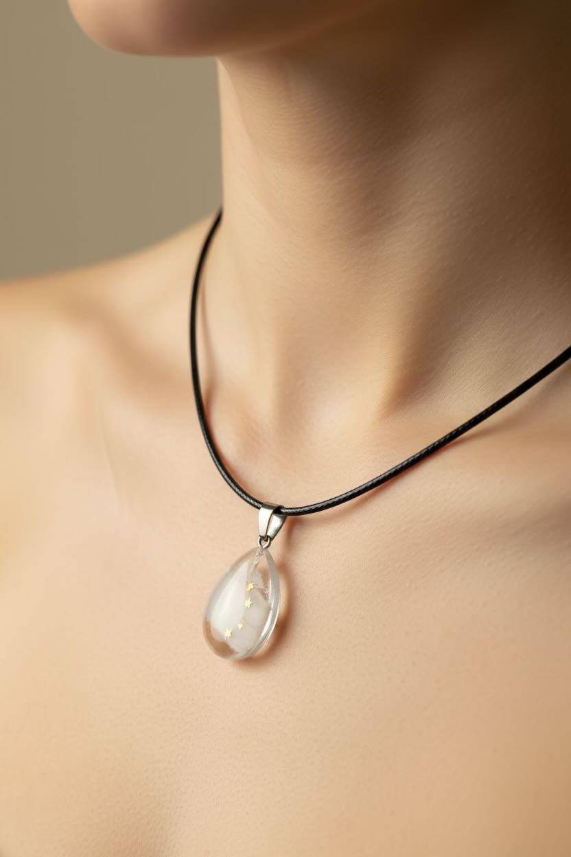 A close-up of a person's neck and upper chest wearing a black cord necklace with a teardrop-shaped clear glass or resin pendant containing small white inclusions, set against a soft beige background.