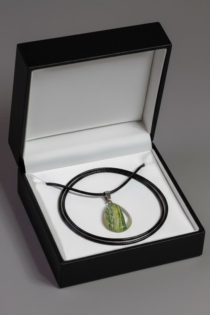 A yellow and green marbled pendant necklace on a black cord, presented inside an open black gift box with a white interior.
