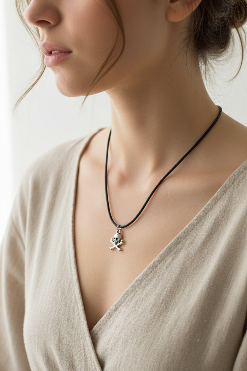 A silver skull and crossbones pendant necklace on a black cord, displayed on a model