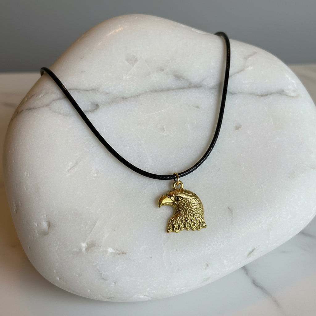 Gold eagle pendant on a black cord displayed on a large stone