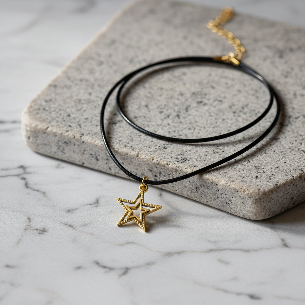 Gold star pendant on a black cord necklace displayed on a stone.