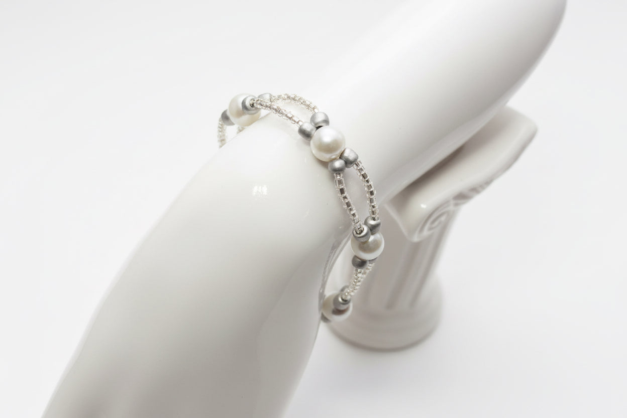 Handmade elasticated double strand bracelet in light grey glass pearl by Majestic Gems by Sarah