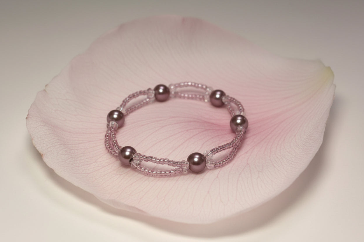 Handmade elasticated double strand bracelet in lilac glass pearl by Majestic Gems by Sarah