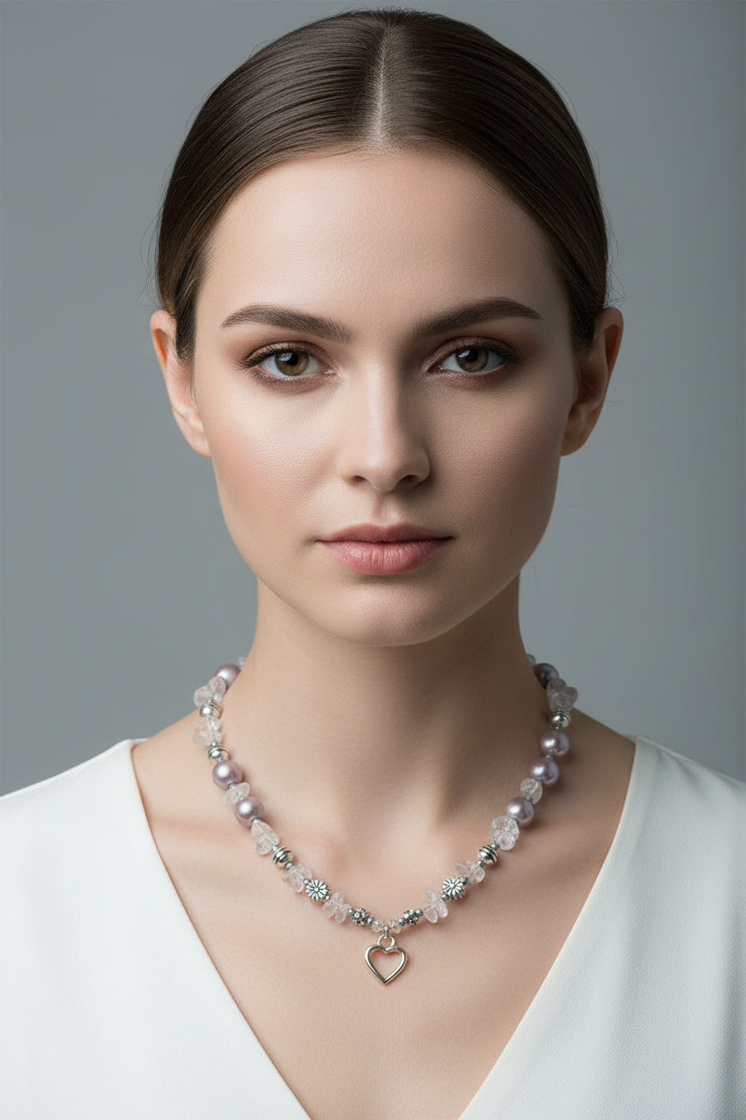 Necklace with heart pendant on a model