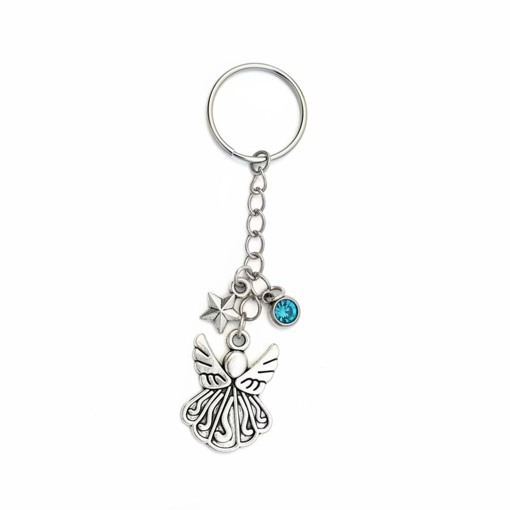 Silver-toned metal keyring/keyrings with a winged angel charm, star charms, and a small blue gemstone accent on a plain white background.