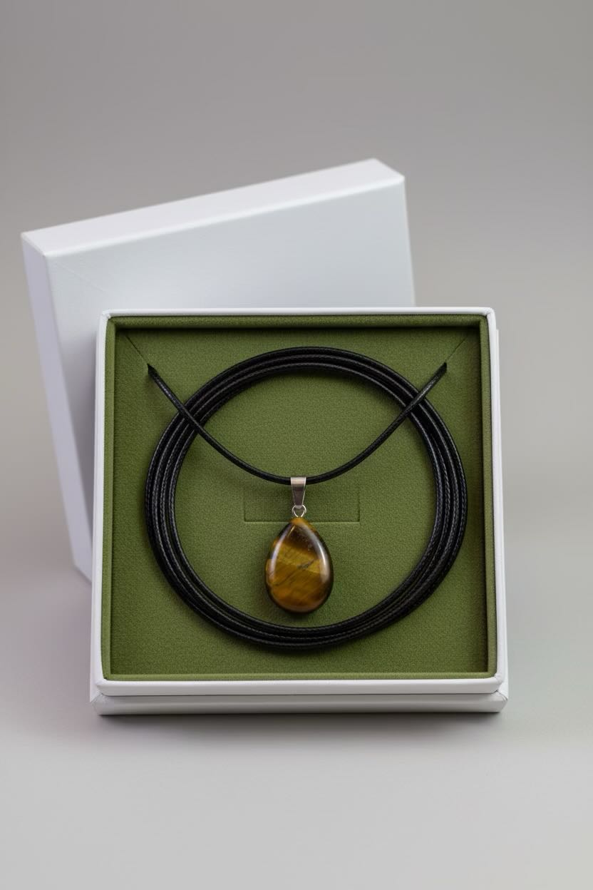 A teardrop-shaped pendant necklace with a polished brown tiger's eye pattern, suspended on a black cord. The necklace is presented inside an open white gift box with a green velvet lining, set against a neutral gray background.