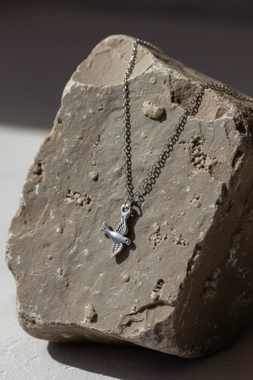 Silver necklace with a bird pendant on a textured stone surface