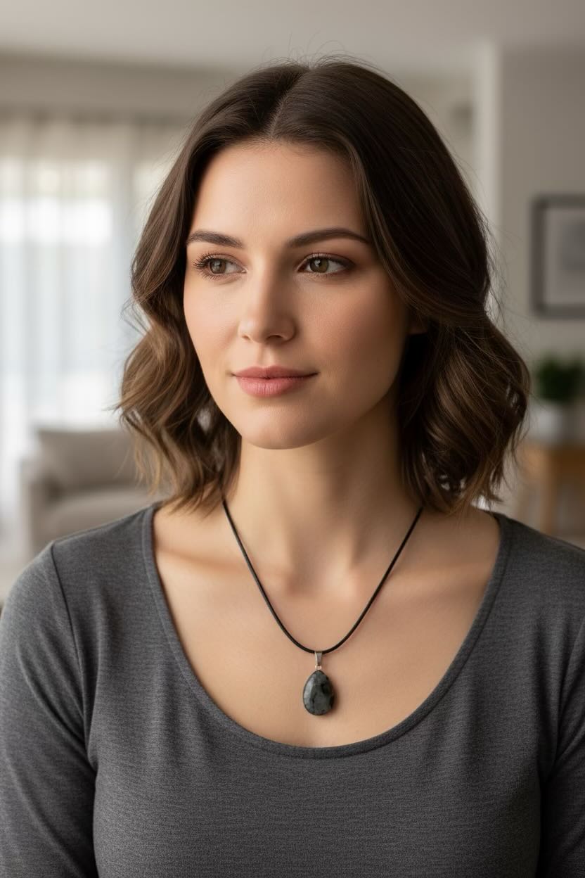 A woman with wavy brown hair wearing a dark gray scoop-neck top and a black cord necklace with a dark teardrop pendant, shown in a softly blurred indoor setting.