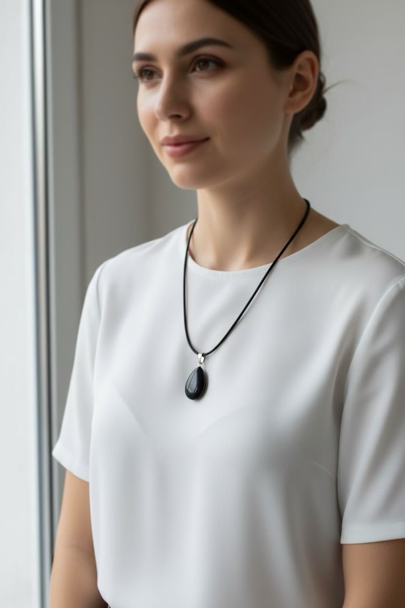 A woman wearing a white short-sleeve top and a black cord necklace with a black teardrop pendant, standing near a window.