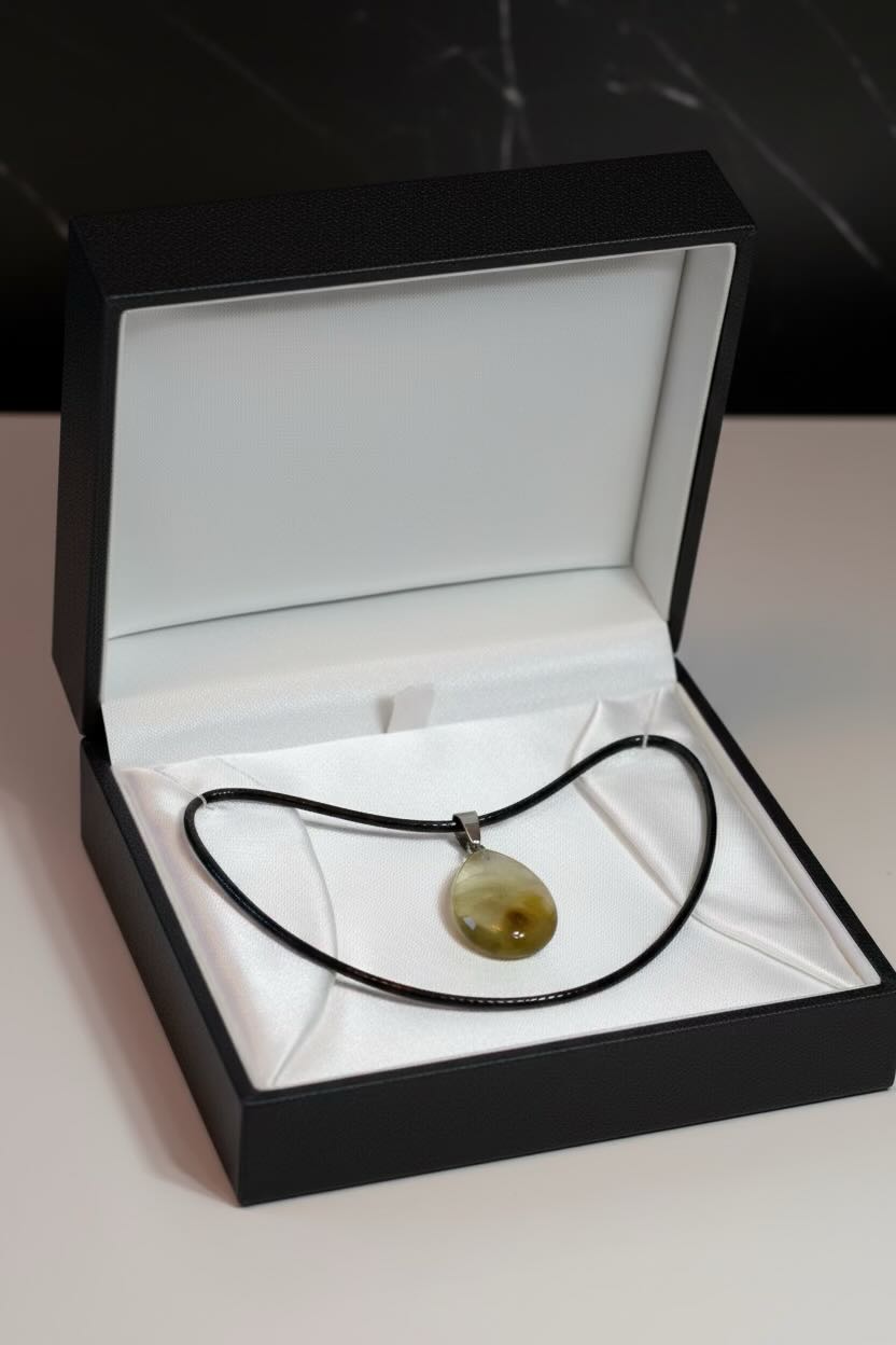 A black cord necklace with a polished brown and clear oval pendant, presented inside an open black jewelry box with a white satin lining.