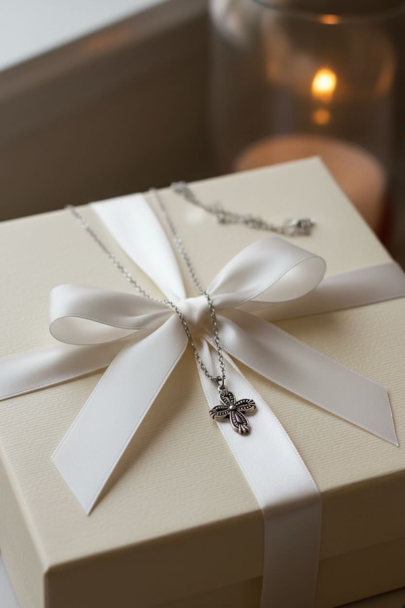 Necklace with a butterfly pendant on a gift box wrapped with a white ribbon.