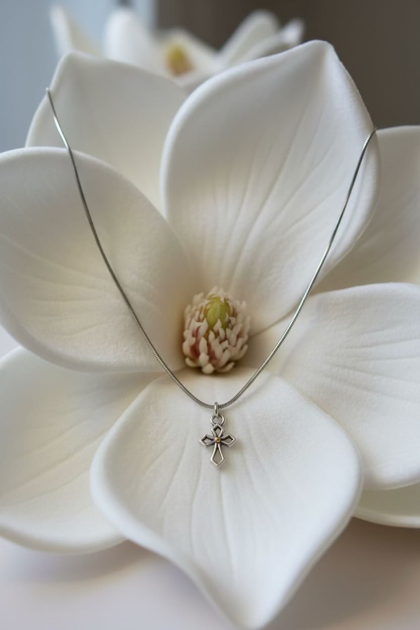 Silver necklace with a cross pendant on a white flower