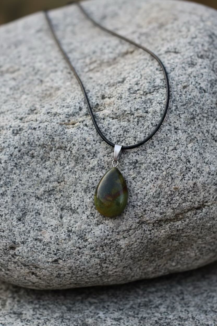 A teardrop-shaped green gemstone pendant on a black cord necklace with a silver bail, displayed on a textured gray rock.