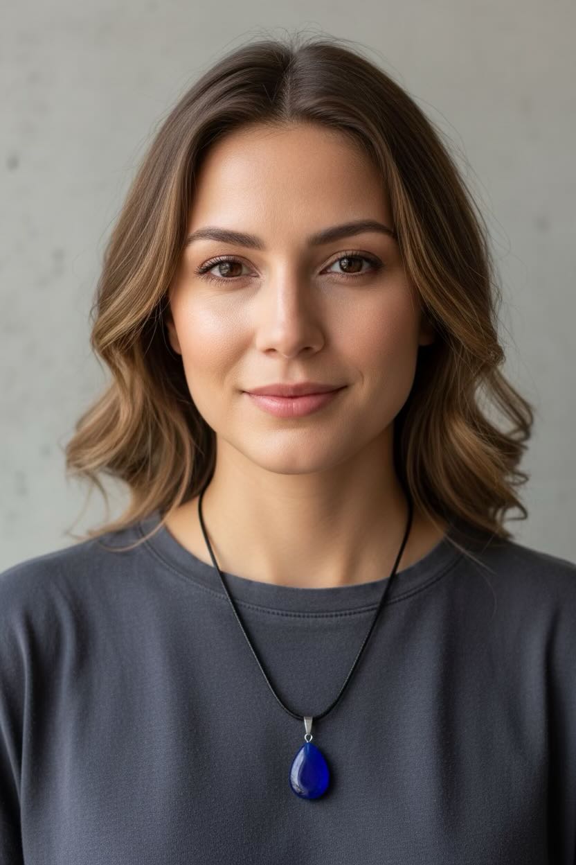 A woman with wavy brown hair wearing a dark gray crewneck shirt and a black cord necklace with a royal blue teardrop pendant, set against a neutral gray concrete wall.