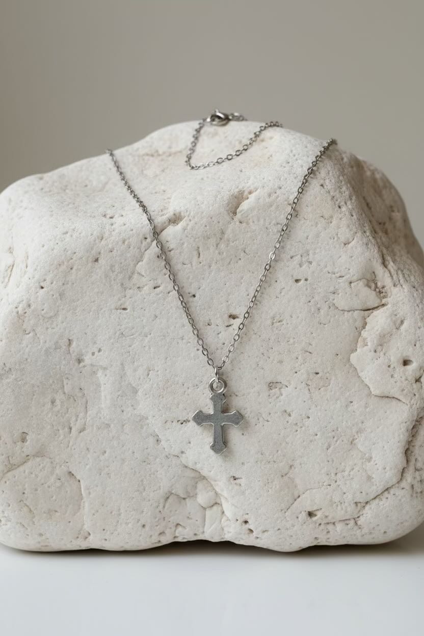 Silver necklace with a cross pendant on a textured stone surface